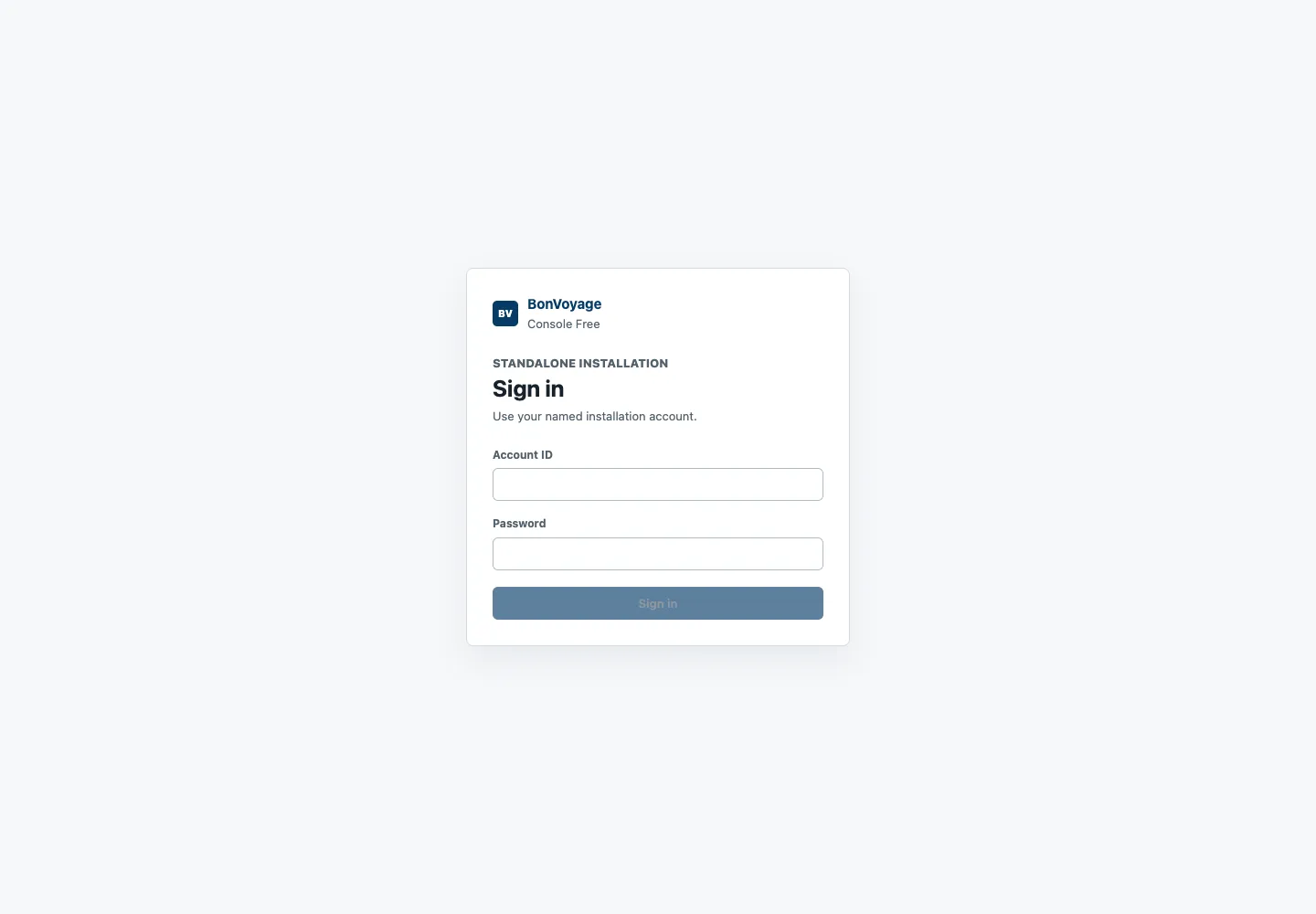 BonVoyage Console Free sign-in page with empty Account ID and Password fields.